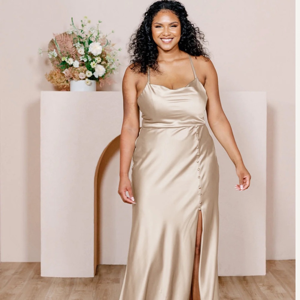 Revelry Billie Gold Champagne Satin Bridesmaid Dress Size 8 Petite